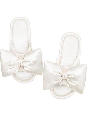 Women's Crystal Pearl White Polyester Satin Bow Open-Toe Bedroom Slippers